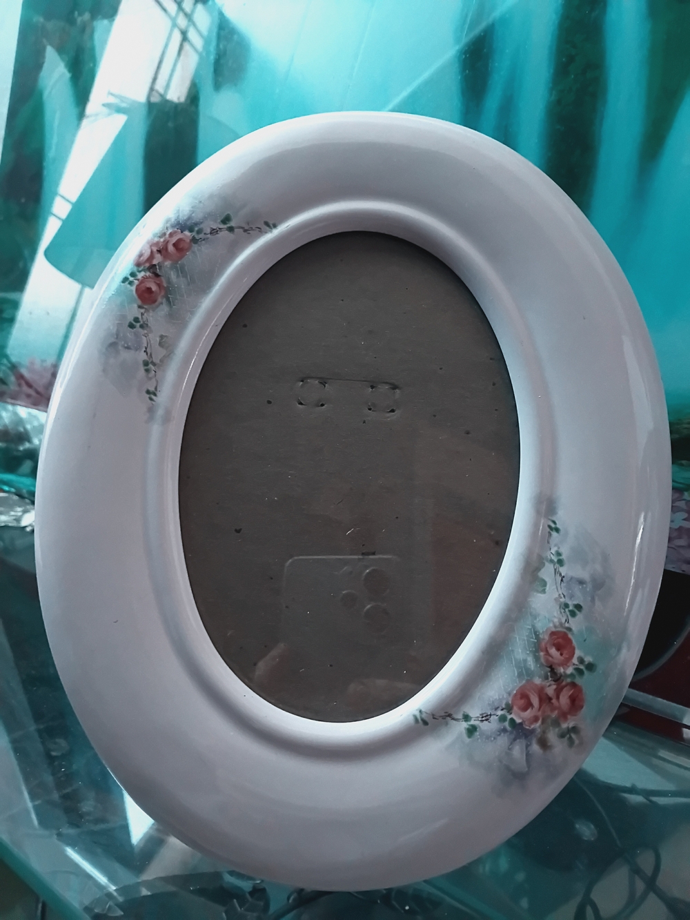 Porcelain Oval Floral Photo Frame - White with Pink Roses